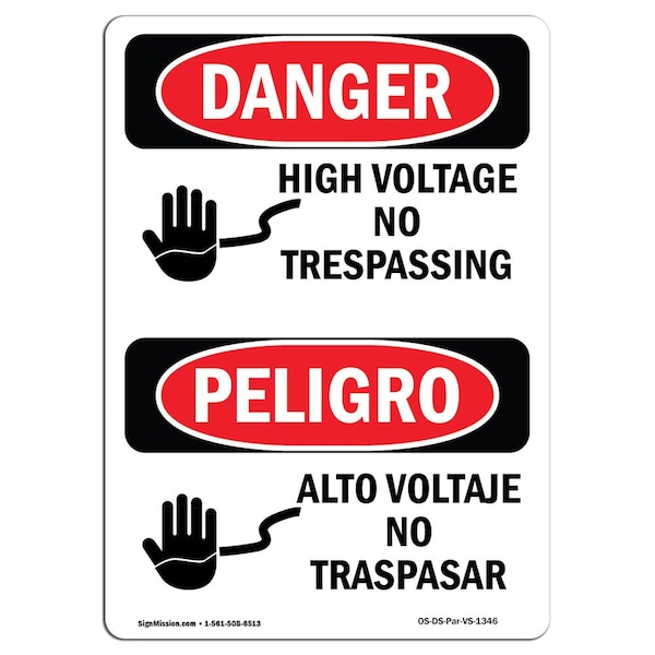 Safety Sign, OSHA Danger, 5" Height, High Voltage No Trespassing Spanish, 10PK
